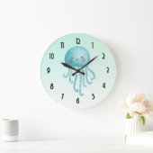 可愛くて幸せな青緑色クラゲ ラージ壁時計 (ホーム)