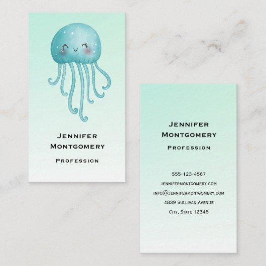 可愛くて幸せな青緑色クラゲ 名刺 (正面/裏面)