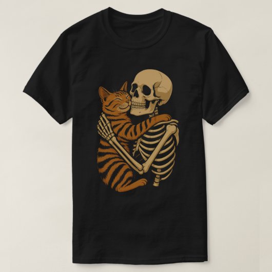 可愛くて怖い猫 - 骨と抱き合う子猫のイラスト Tシャツ (デザイン正面)