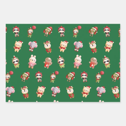 可愛くて愛らしいクリスマスの赤ちゃん動物グリーン ラッピングペーパーシート (正面3)