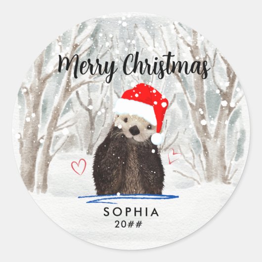 可愛くて愛らしいサンタオッター・キッドの名前と年 ラウンドシール (正面)