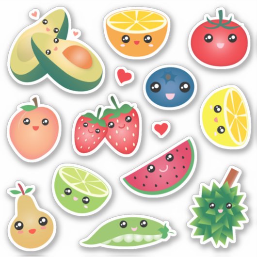 可愛すごいいかわいいマンガのフルーツと野菜ビーガン シール (正面)