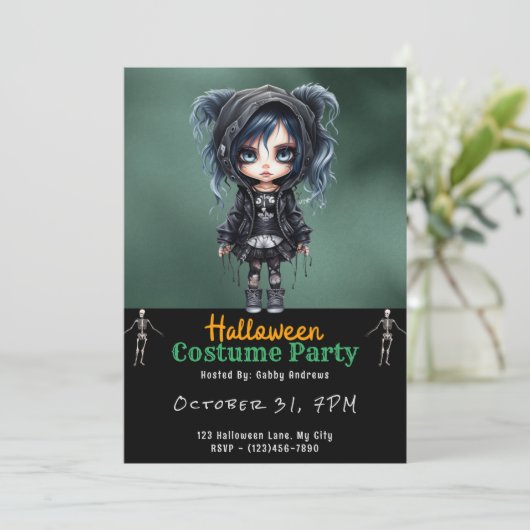 可愛すごいいゴシックの女の子ブラックハロウィーン 招待状 (スタンド正面)