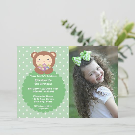 可愛すごいいサルと花子供の誕生日写真 招待状 (スタンド正面)