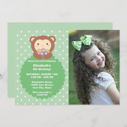 可愛すごいいサルと花子供の誕生日写真 招待状 (正面/裏面)