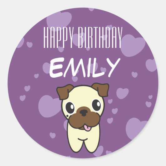 可愛すごいいパグパープルハートデザイン ラウンドシール (正面)