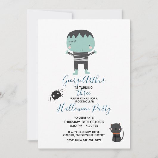可愛すごいいフランケンシュタインボーイハロウィーン誕生日 招待状 (正面)