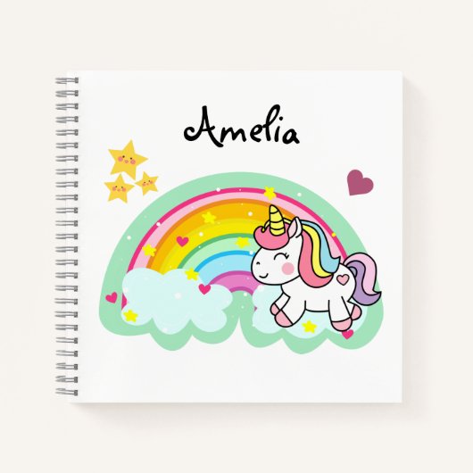 可愛すごいいユニコーンとレインボーパーソナライズされた ノートブック (正面)