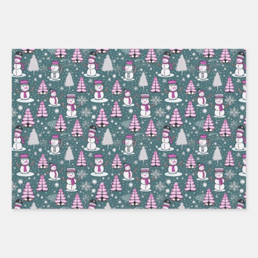 可愛すごいい雪だるまとクリスマスツリークリスマス ラッピングペーパーシート (正面3)