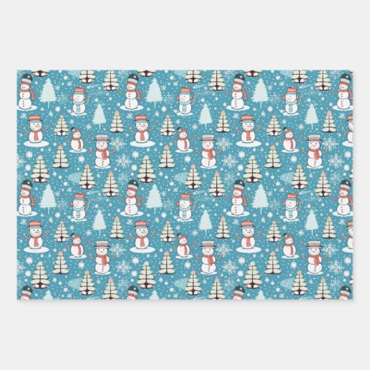 可愛すごいい雪だるまとクリスマスツリークリスマス ラッピングペーパーシート (正面2)