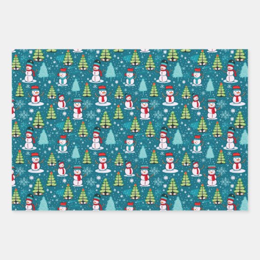可愛すごいい雪だるまとクリスマスツリークリスマス ラッピングペーパーシート (正面)
