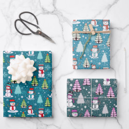 可愛すごいい雪だるまとクリスマスツリークリスマス ラッピングペーパーシート