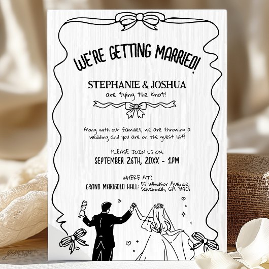 可愛よくはしゃぐいカップルのイラストSave the Date 招待状