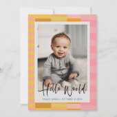 可愛よくはしゃぐいピンクと黄色のストライプベビー写真 案内状 (正面)