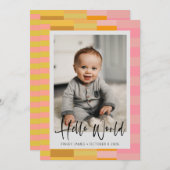可愛よくはしゃぐいピンクと黄色のストライプベビー写真 案内状 (正面/裏面)