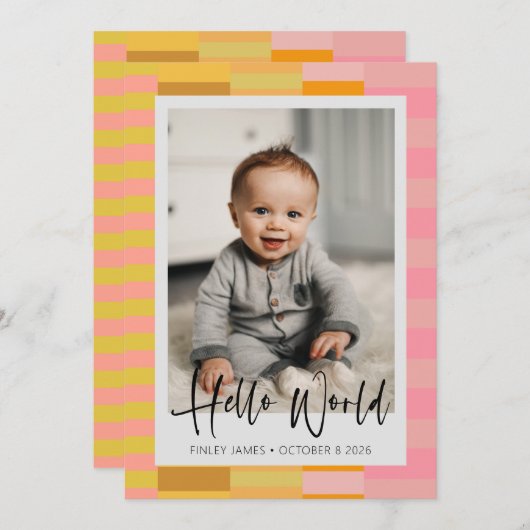 可愛よくはしゃぐいピンクと黄色のストライプベビー写真 案内状 (正面/裏面)