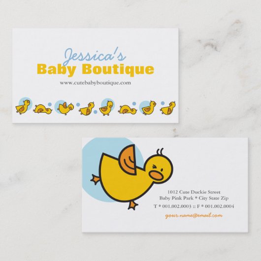 可愛よくはしゃぐい黄色いベビーのアヒルと青いドット 名刺 (正面/裏面)