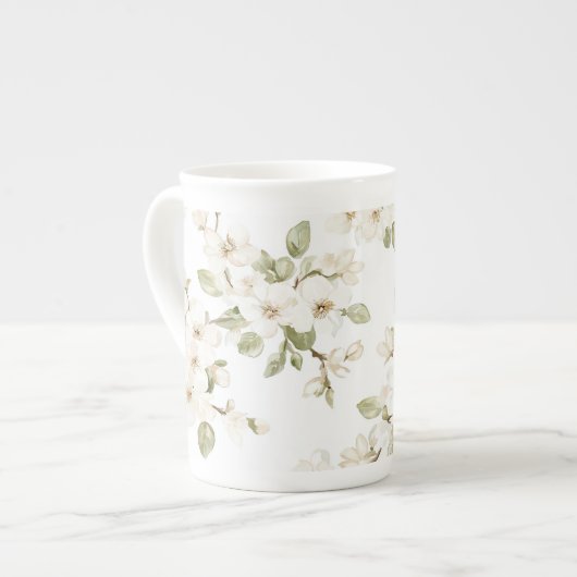 可愛らしいクリーム色の花の木 ボーンチャイナマグカップ (正面左)