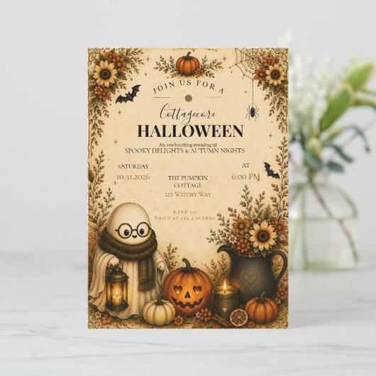 可愛らしいコテージコアハロウィンパーティー招待状 招待状 (スタンド正面)