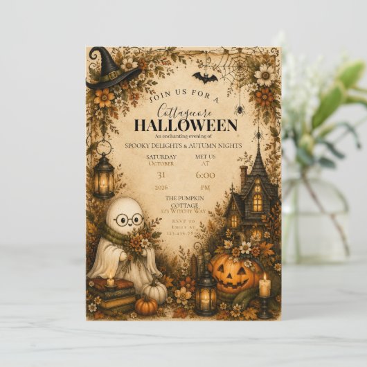 可愛らしいコテージコアハロウィンパーティー招待状 招待状 (スタンド正面)
