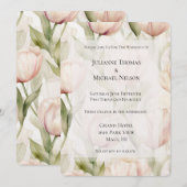 可愛らしいコーラルピンクとクリームのチューリップのウェディングフラワー 招待状 (正面/裏面)