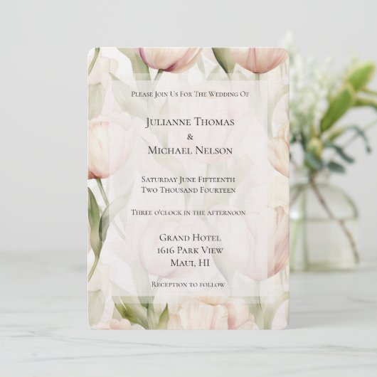可愛らしいコーラルピンクとクリームのチューリップのウェディングフラワー 招待状 (スタンド正面)