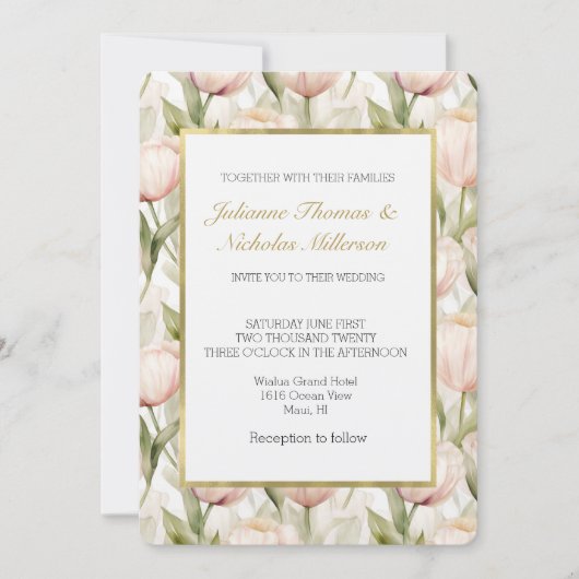 可愛らしいコーラルピンクのチューリップの花の結婚式 招待状 (正面)