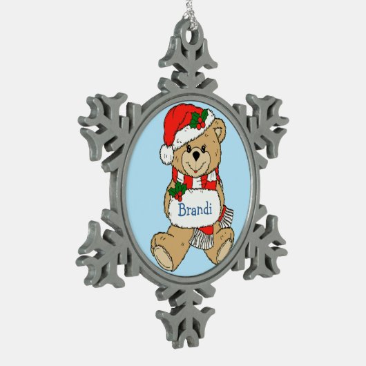 可愛らしいテディベアパーソナライズされたクリスマス スノーフレークピューターオーナメント (左)