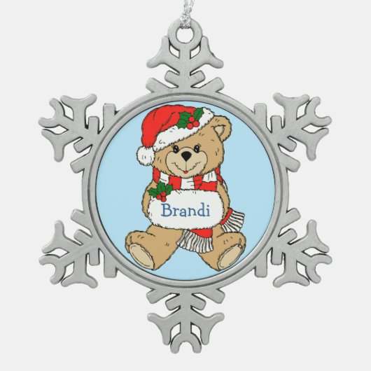 可愛らしいテディベアパーソナライズされたクリスマス スノーフレークピューターオーナメント (正面)