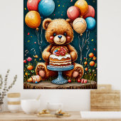 可愛らしいテディベア誕生祝いとケーキ ポスター (キッチン)