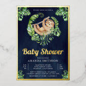 可愛らしいナマケモノのネイビーブルーベビーシャワー金ゴールド 箔招待状 (正面)