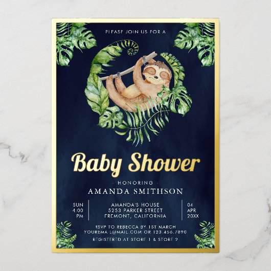 可愛らしいナマケモノのネイビーブルーベビーシャワー金ゴールド 箔招待状 (正面)