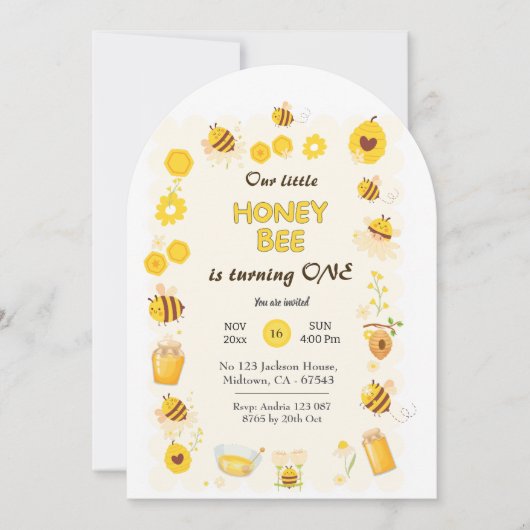 可愛らしいハニービーをテーマにした誕生日 招待状 (正面)