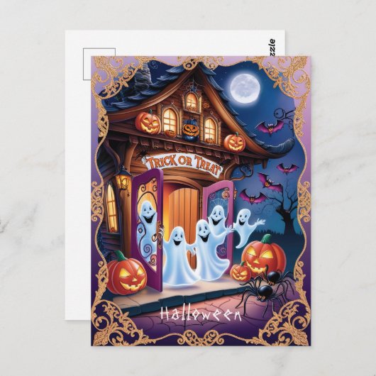 可愛らしいハロウィーン幽霊ズアットザドアステップ ポストカード (正面/裏面)