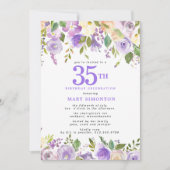 可愛らしいパープルの花柄 35歳の誕生日パーティー 招待状 (正面)