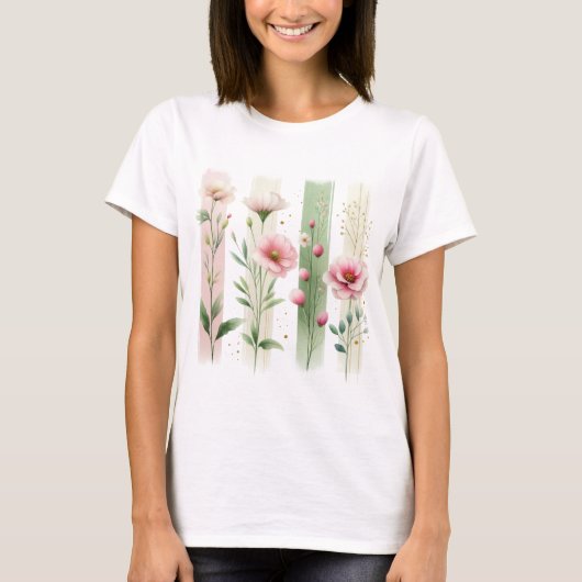 可愛らしいピンクとグリーンのパステルカラーの野の花 Tシャツ (正面)