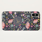 可愛らしいピンクとグレーの花柄モノグラム名 Case-Mate iPhoneケース (裏面(横))