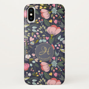 可愛らしいピンクとグレーの花柄モノグラム名 iPhone X ケース