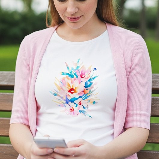 可愛らしいピンクとブルーの水彩花 Tシャツ