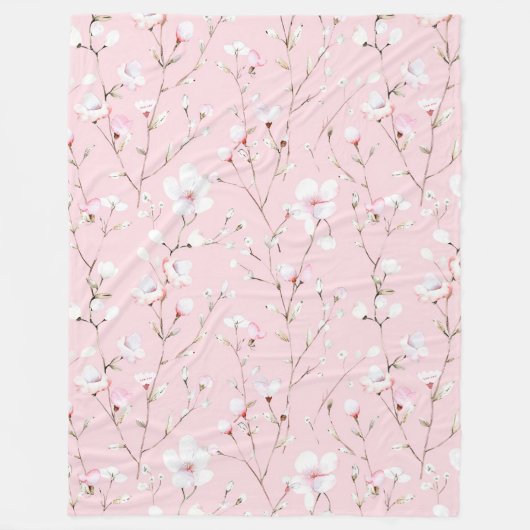 可愛らしいピンクと白のお花  フリースブランケット (正面)