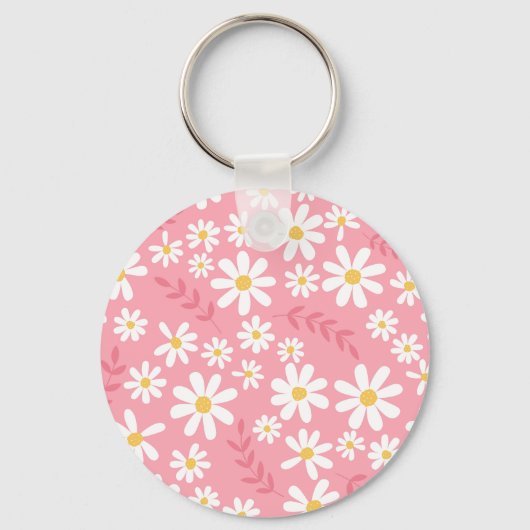 可愛らしいピンクと白のデイジー花柄 シームレスパターン キーホルダー (正面)