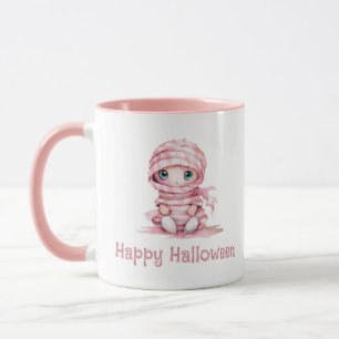 可愛らしいピンクと白のミイラのハッピーハロウィン マグカップ