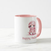 可愛らしいピンクと白のミイラのハッピーハロウィン マグカップ (正面右)