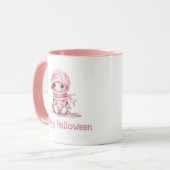 可愛らしいピンクと白のミイラのハッピーハロウィン マグカップ (正面左)