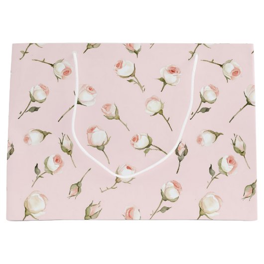 可愛らしいピンクと白のローズのフラワーブライダルシャワー ラージペーパーバッグ (正面)