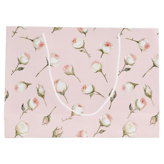 可愛らしいピンクと白のローズのフラワーブライダルシャワー ラージペーパーバッグ (裏面)