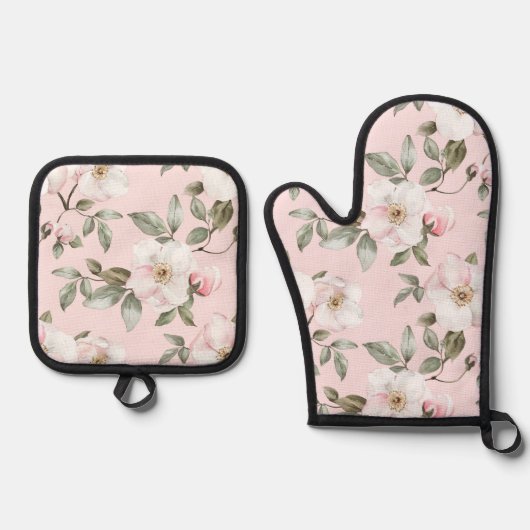 可愛らしいピンクと白の花のブライダルシャワー 鍋つかみ&鍋敷きセット (正面)