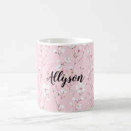 可愛らしいピンクと白の花 コーヒーマグカップ