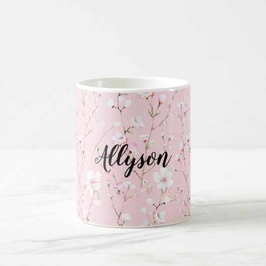 可愛らしいピンクと白の花 コーヒーマグカップ (中央)