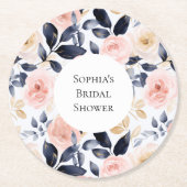 可愛らしいピンクと青と白の花のブライズシャワー ラウンドペーパーコースター (正面)